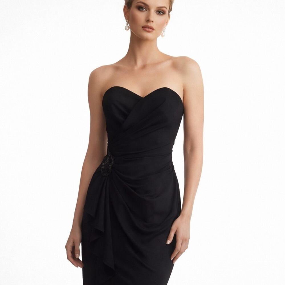 Vintage 90s Black Strapless Ruched Cocktail Dress Minimalist Gala Style Size 4